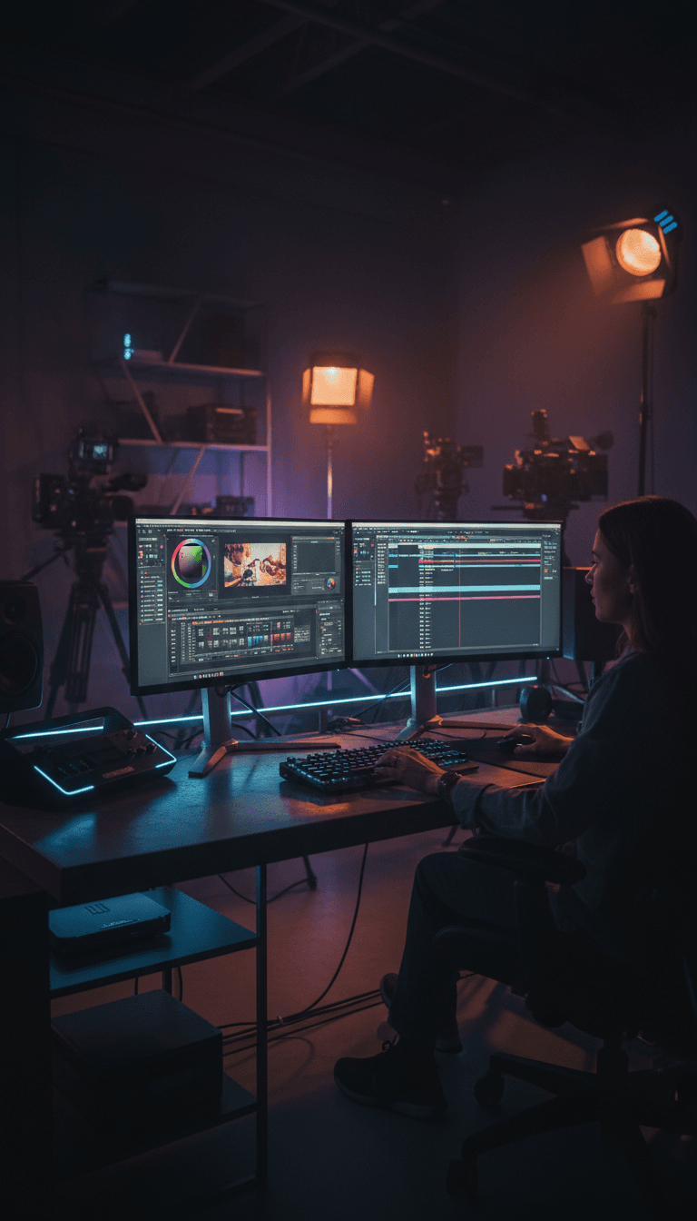 Studio d'édition vidéo professionnel avec écrans 4K et éclairage cinématique