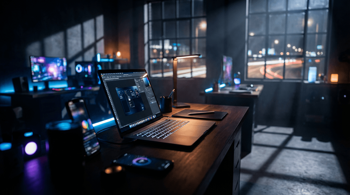 Studio de création numérique haute technologie avec écrans de montage vidéo et éclairage futuriste