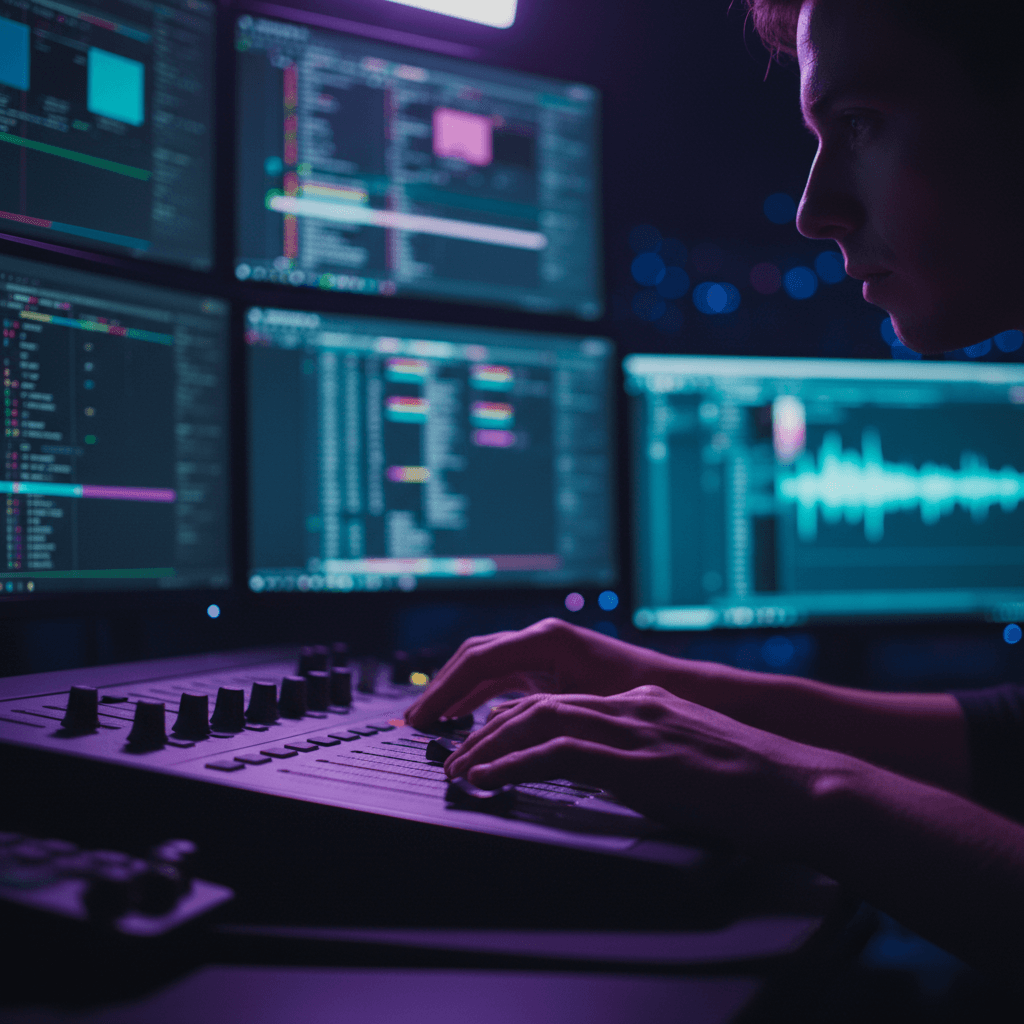 Montage vidéo professionnel avec console de color grading