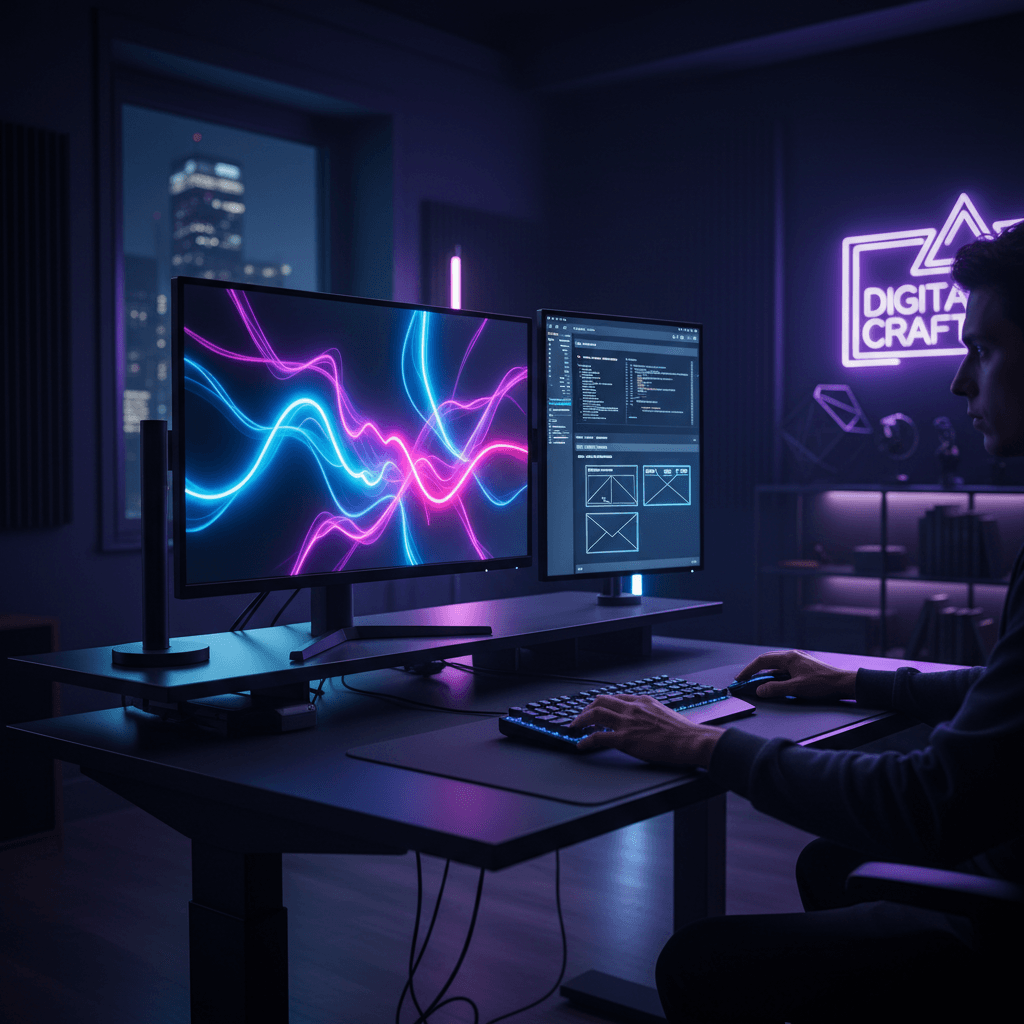 Professional creative workspace with dual monitors displaying design software and neon lighting