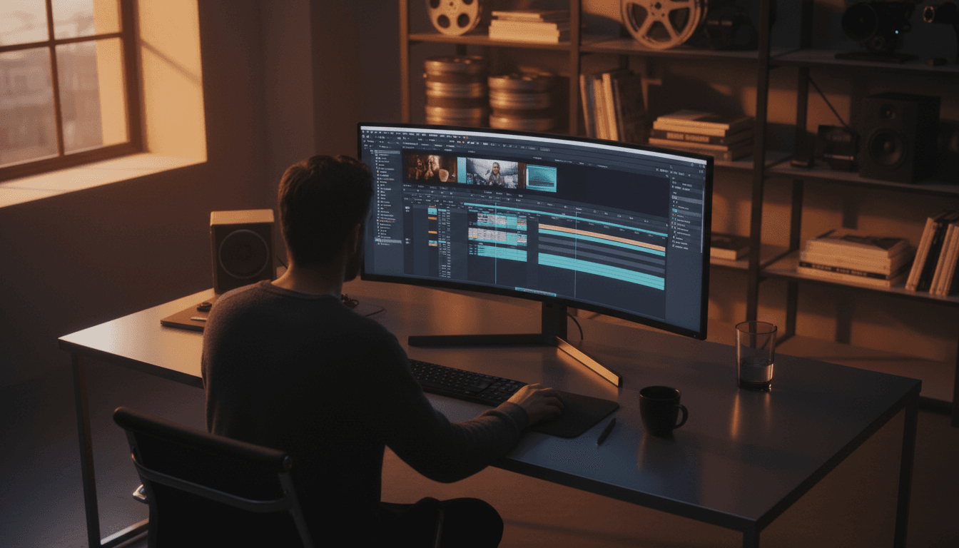 Studio créatif moderne avec écrans affichant des designs numériques cinématiques et des éléments de branding