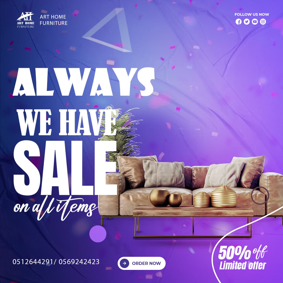 Canapé moderne sur fond violet annonçant une promotion de 50% chez Art Home Furniture.