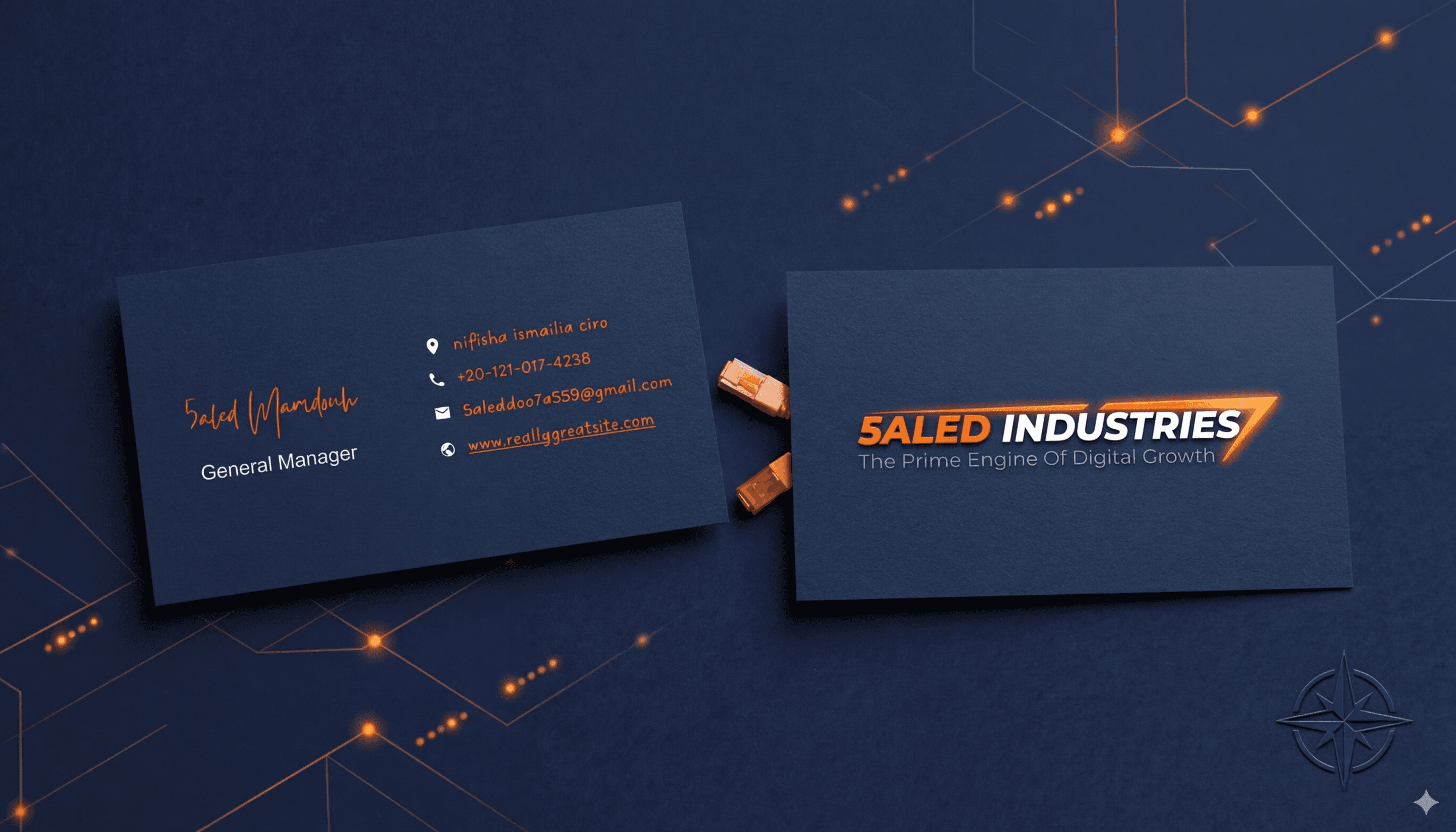 Cartes de visite bleu marine 5ALED INDUSTRIES avec logo orange sur fond technologique abstrait.