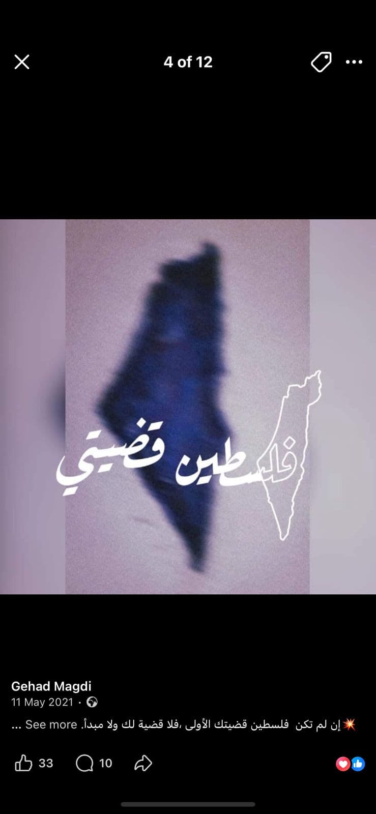 Silhouette bleue de la Palestine et texte arabe blanc signifiant La Palestine est ma cause.