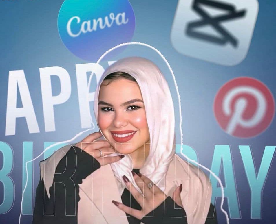 Femme souriante en hijab rose avec logos Canva, CapCut, Pinterest et texte joyeux anniversaire.